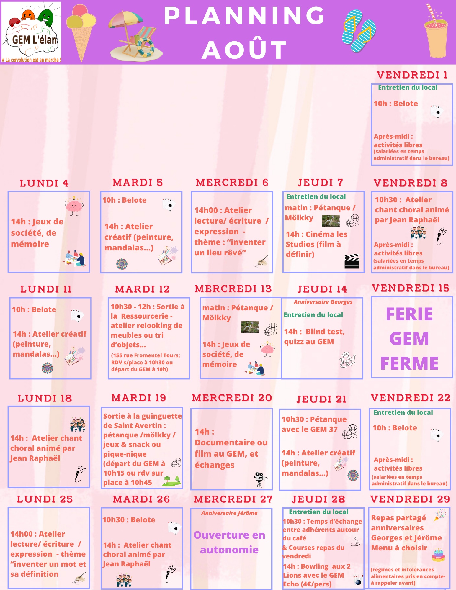 calendrier, une case par jour avec les activités