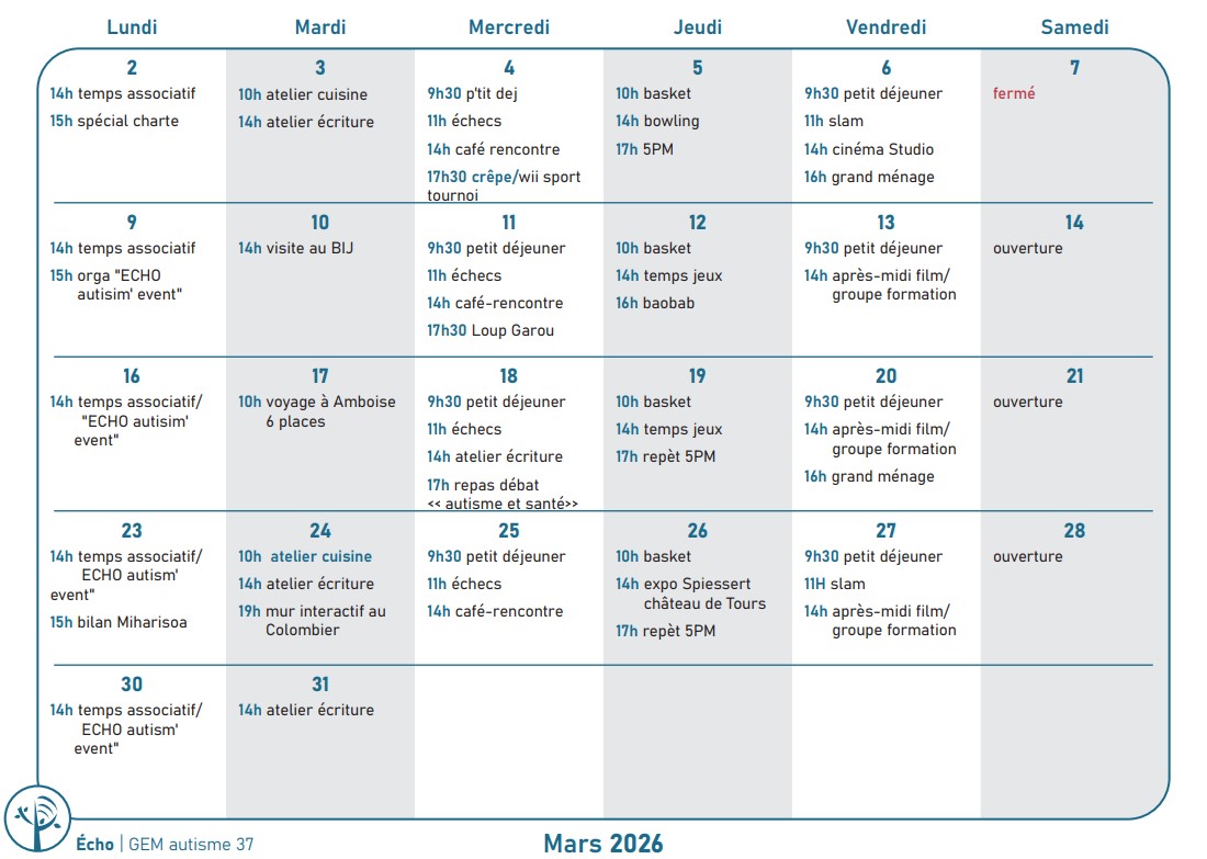 Calendrier une case par jour précisant les activités