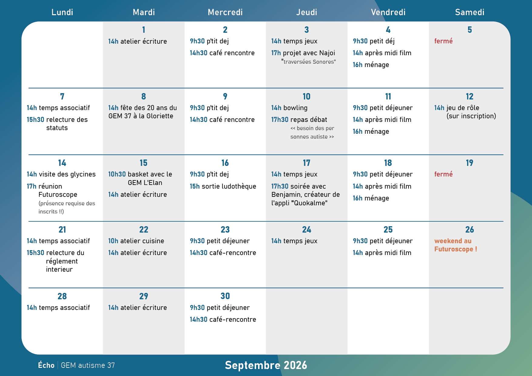 Calendrier, 1 case par jour avec les activités