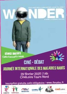 Affiche de la séance du ciné débat avec le personnage principal du film Wonder qui porte son casque pour cacher son visage
