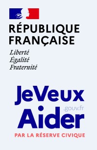 Logo de la République Française avec la phrase Je veux aider.gouv.fr par la réserve civique.